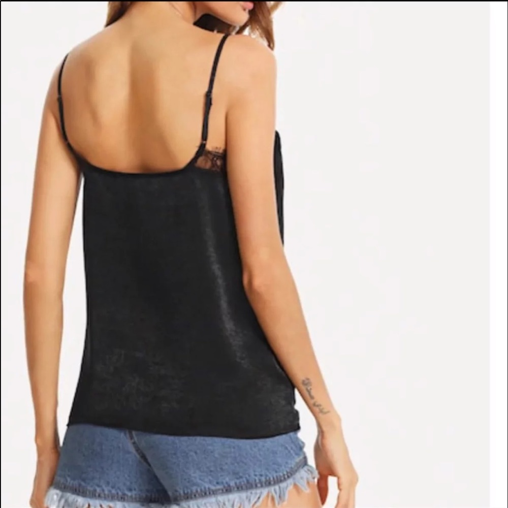 Black Satin Sexy Lace Trim Cami Tank Top - Picture 2 of 5